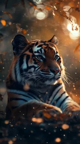 Backlit tiger portrait with shallow depth and warm bokeh field