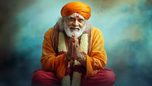 Digital portrait of saffron-clad guru in centered prayer pose.