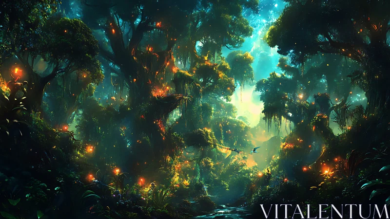 Bioluminescent Forest Sanctuary: Digital Painting.