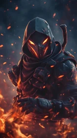 Hooded armored assassin with glowing eyes amid burning embers.