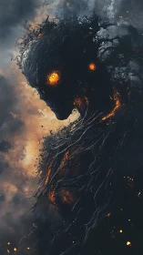 Charred humanoid figure with molten core and glowing eyes.