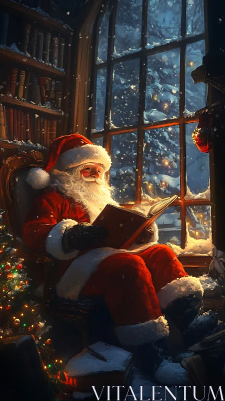 Santa reads by frosted window in warm lamplit library.