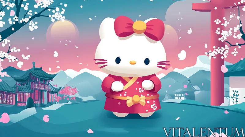 Cute white cat in kimono amid pastel spring landscape.