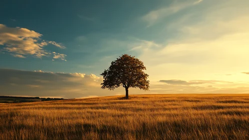Solitary field sentinel under a slow-burning golden sky.