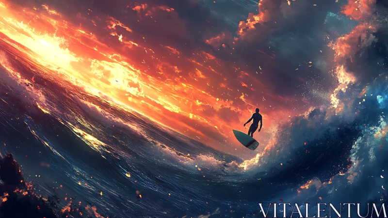Surfer rides colossal wave beneath blazing cosmic sunset.