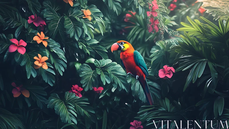 Vivid macaw rests within lush tropical flower canopy.