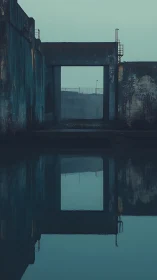 Quiet industrial gate mirrors softly over still harbor waters