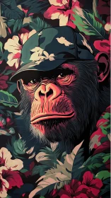 Tropical monkey portrait in floral cap and lush blossoms.