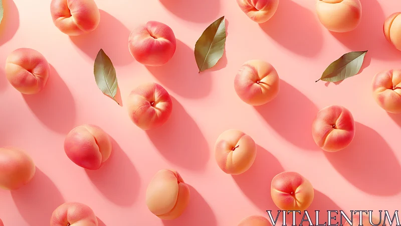 Ripe peaches cast soft shadows on pastel pink field.