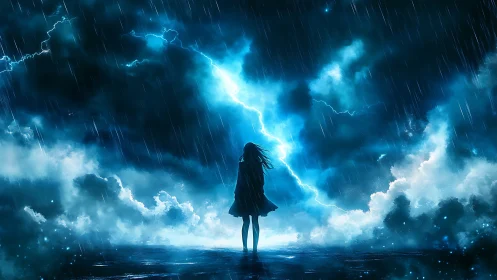 Silhouette girl confronting luminous blue lightning stormfront