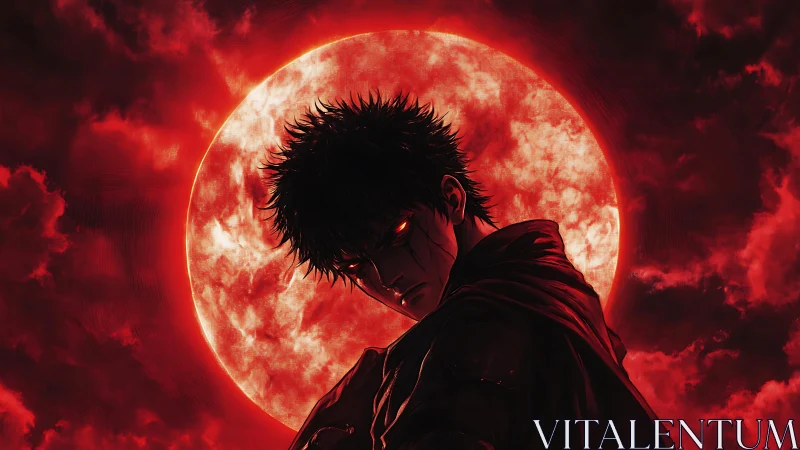 Crimson eclipsed moon behind brooding cloaked anime antihero