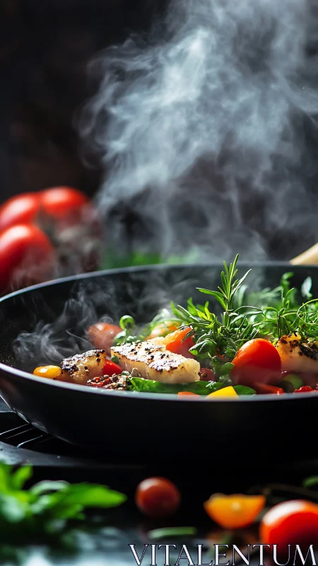 Steaming pan of seared fish with colorful vegetables and herbs.
