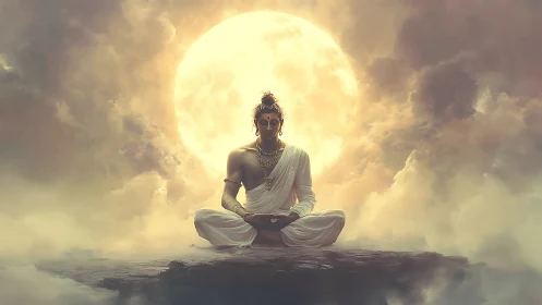 Digital painting of meditative deity before celestial full moon.
