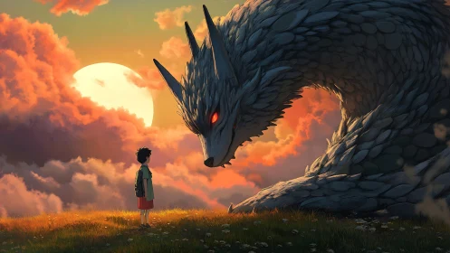 Sunset encounter between child wanderer and dragon guardian.