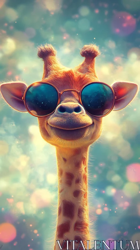 Playful giraffe in reflective sunglasses under bokeh sky.