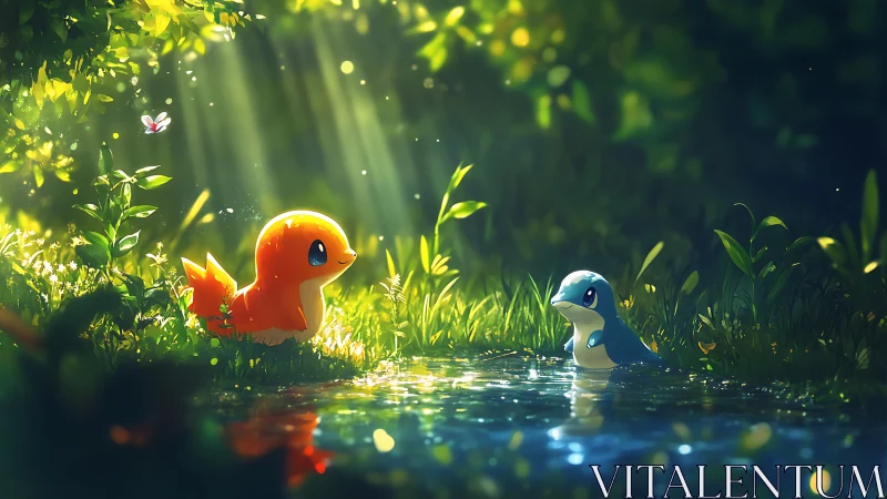 Luminous forest pond encounter with stylized elemental creatures.