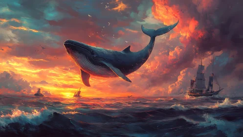 Majestic whale ascends above storm-lit sunset seas