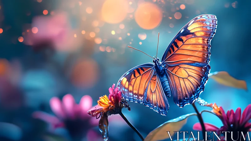 Twilight wings unfurl as a sapphire garden quietly glows