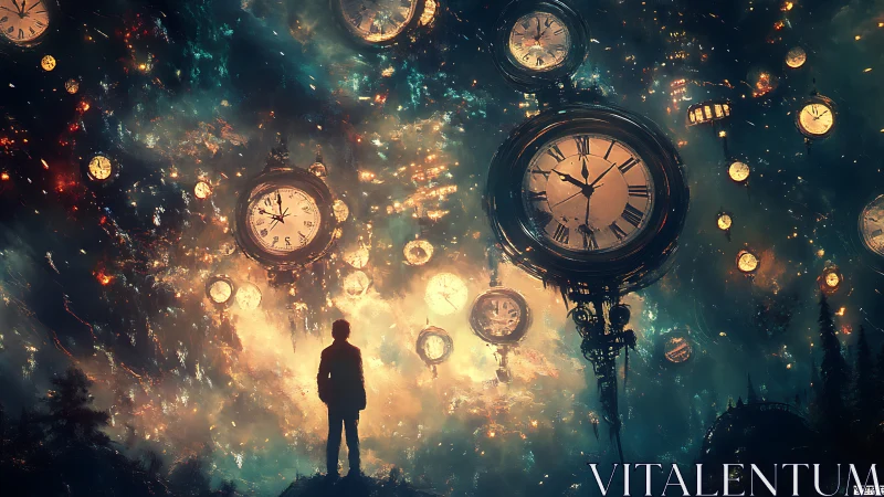 Clocks drift like galaxies while a lone dreamer watches