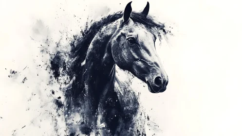 Ink-splashed horse portrait in expressive monochrome style.