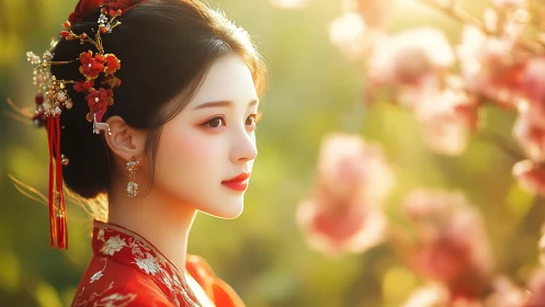 Woman in red hanfu with floral hairpin in soft sunlight.