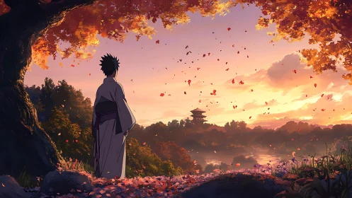 Solitary figure observes distant pagoda at autumn sunset