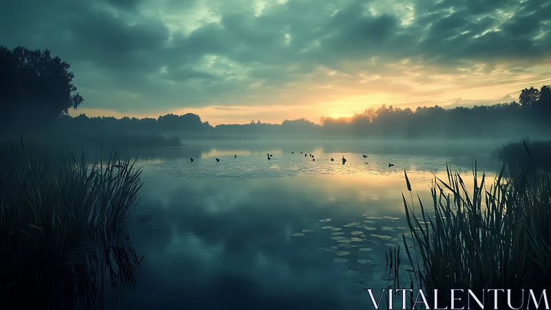 Misty dawn settles over a tranquil lake with distant birds