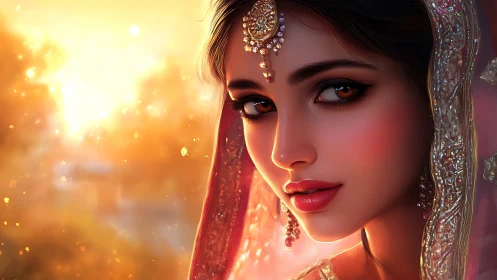 Bridal portrait glows under golden sunset backlight.