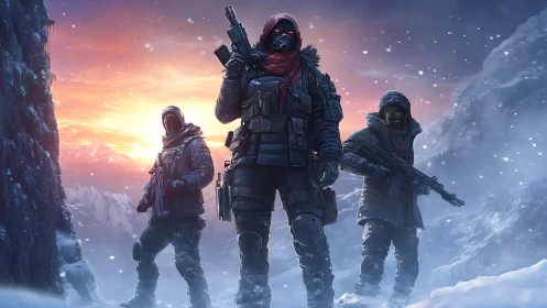 Brave winter squad stands strong in a glowing frozen frontier.