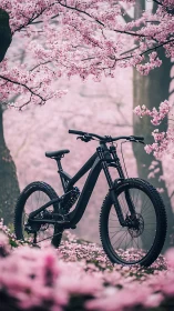 Black Mountain Bike Among Pink Cherry Blossoms.