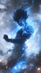 Stormforged warrior rising in crackling cosmic blue flame.