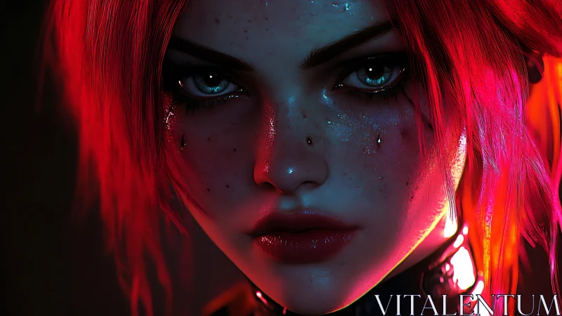Intense cyberpunk woman portrait with neon red lighting.