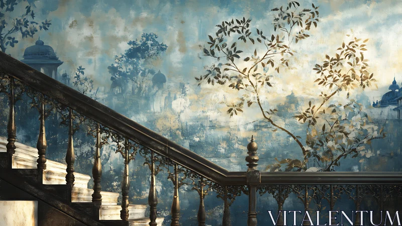 Staircase with mural depicting foliage and distant domes