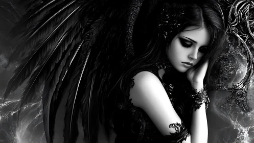 Melancholic dark angel rests in a storm of shadowed wings
