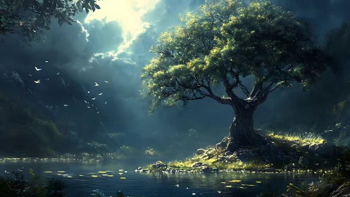 Large tree on sunlit island in lake under dramatic clouds