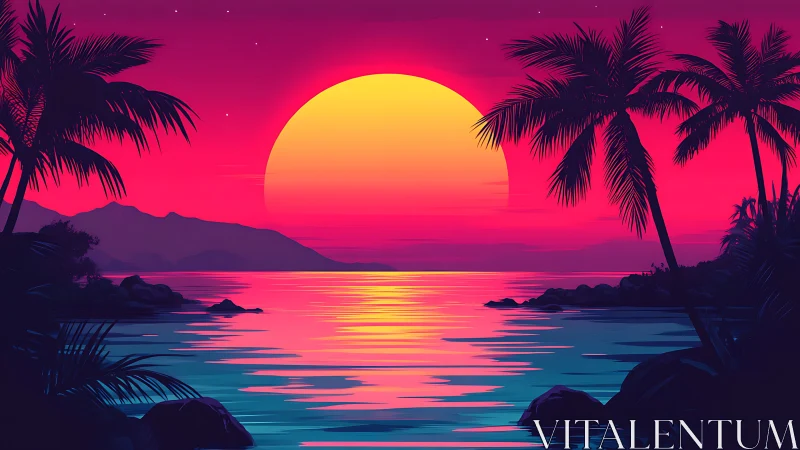 Neon tropical sunset seascape with silhouetted palm trees