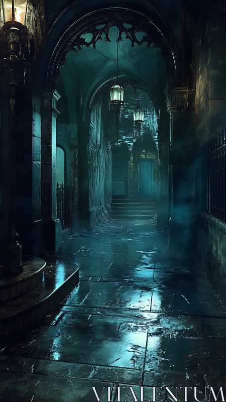 Moody gothic alley with wet stones and eerie blue light.