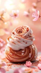 Flower shaped pastry with whipped cream swirl topping.