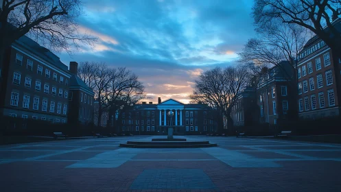 Quiet university courtyard glows under dramatic blue dawn sky.