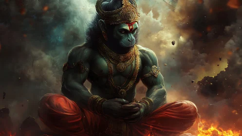 Mythic monkey warrior meditating amid burning clouds.