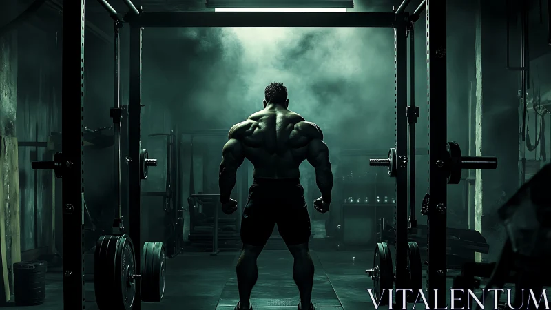 Cinematic low key gym scene with muscular athlete silhouette.