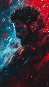 Warrior profile dissolves in red and blue abstract storm.