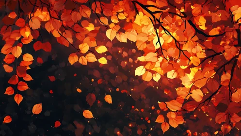 Radiant autumn canopy glows with fiery falling leaves.