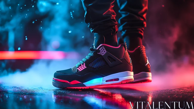 Neon-lit sneakers on wet pavement in cinematic cyber glow.