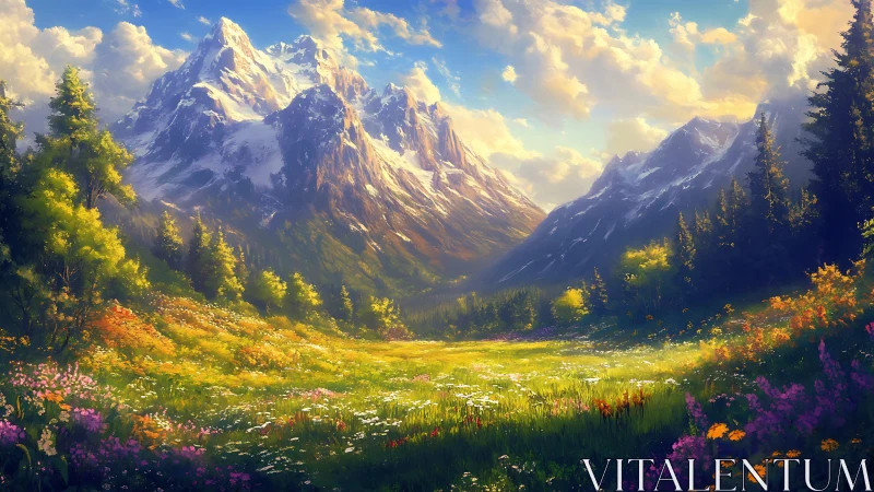 Snowcapped mountain range overlooks sunlit wildflower meadow