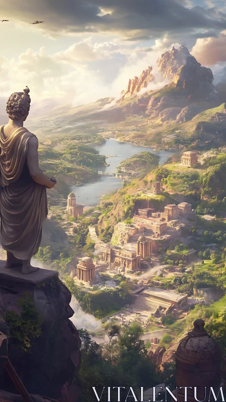 Ancient valley city unfolds beneath a lone marble watcher