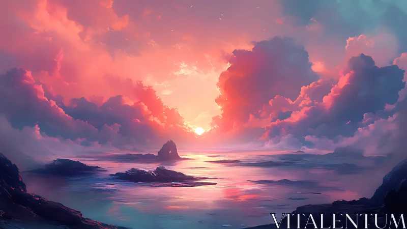 Sunset clouds ignite pastel seascape with glowing horizon.
