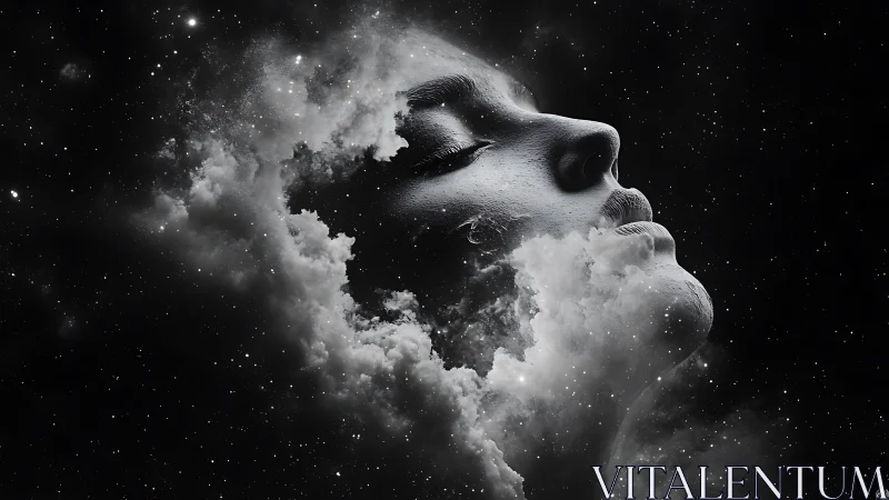 Human face emerging from cosmic clouds in space art.