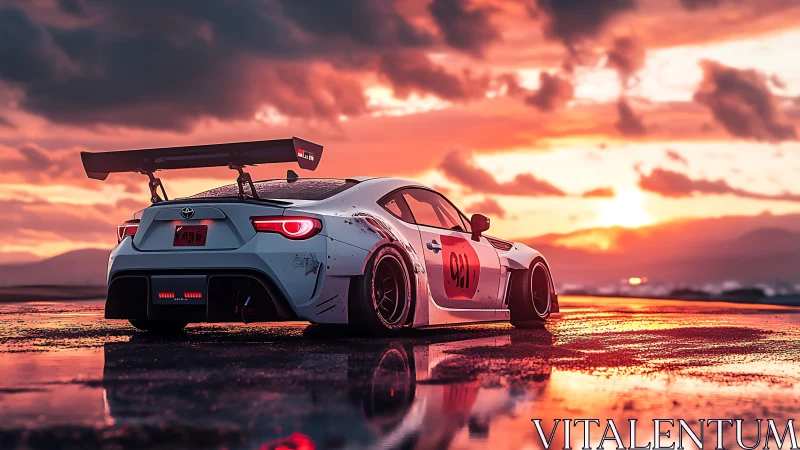 Widebody drift car cuts wet track under blazing sunset sky.