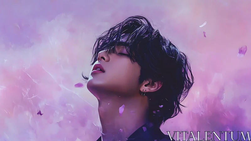 Digital portrait of youth in wistful pose amid lilac petals